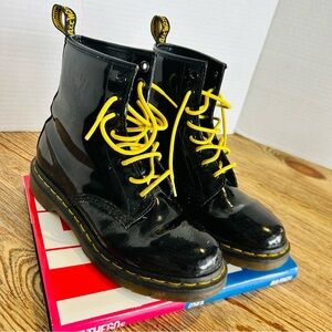 Dr. Martens Shiny Black Boots with Bright Yellow Laces Size 7